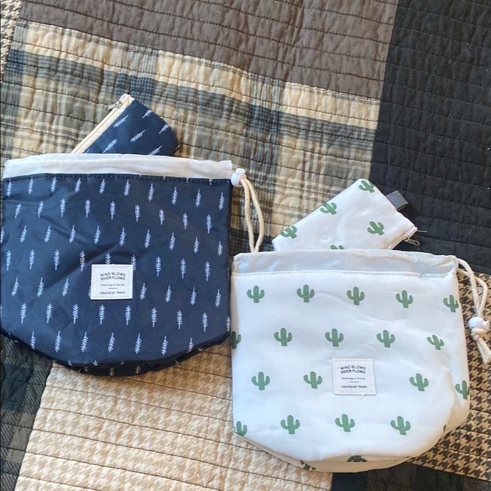Set of Two Travel Drawstring Bags with Cactus and Leaf Patterns
